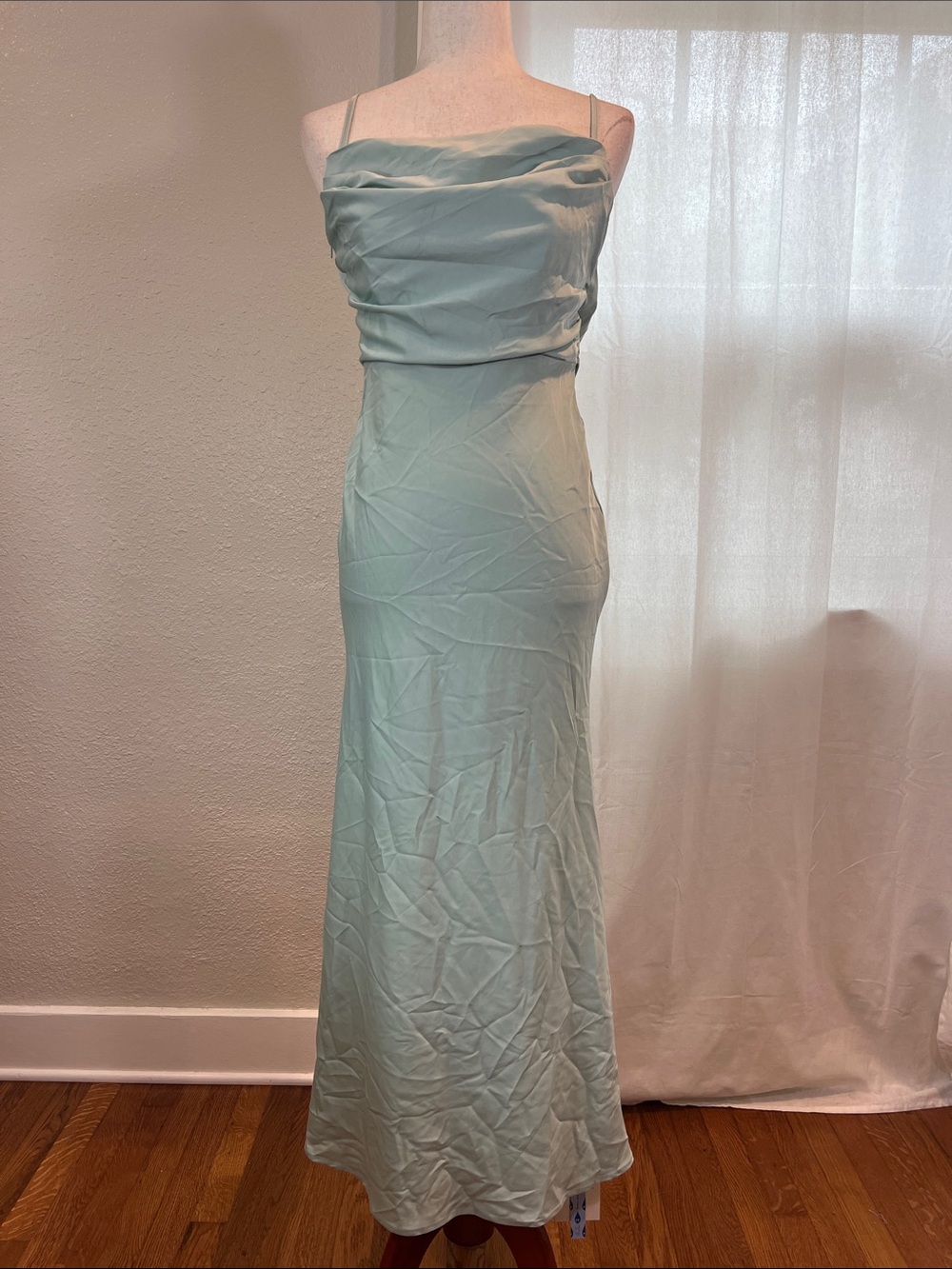 Cider Mint Green Satin Cowl Neck, Lace Back Maxi Dress. Size M. NWT